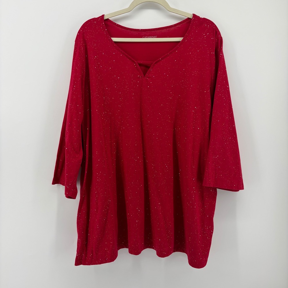 Catherines Womens 2X Red Knit Top 3/4 Sleeve Split Neck‎ Shimmer Glitter